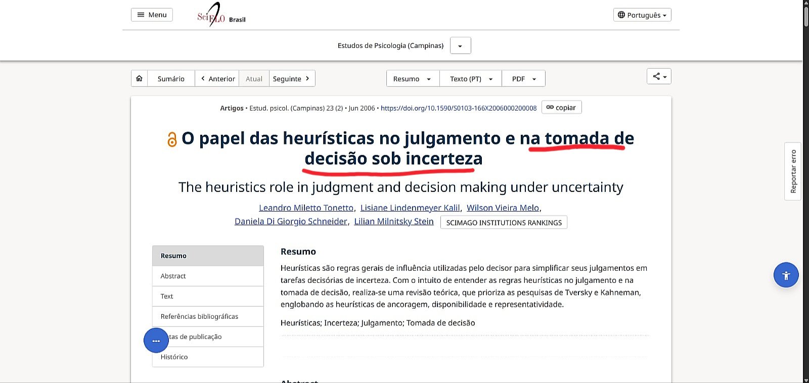 Cabeçalho de artigo científico publicado na SciELO