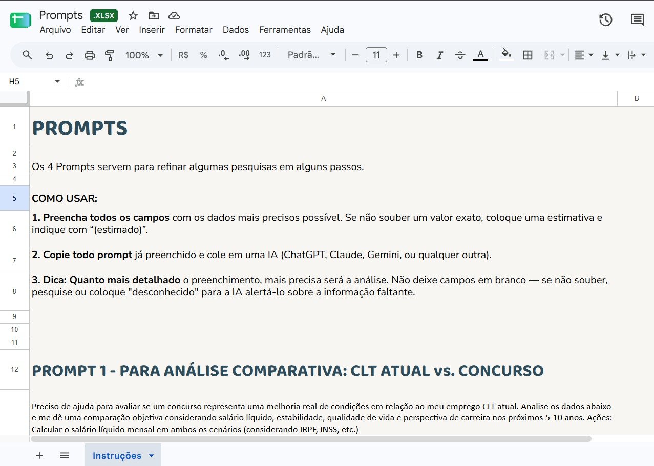 Página interna da Planilha com 4 Prompts de Pesquisa