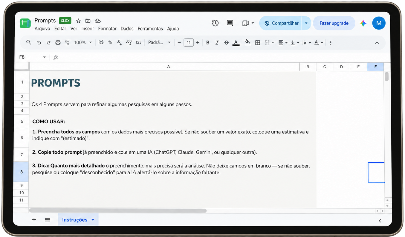 Planilha com 4 Prompts de Pesquisa aberta em um tablet