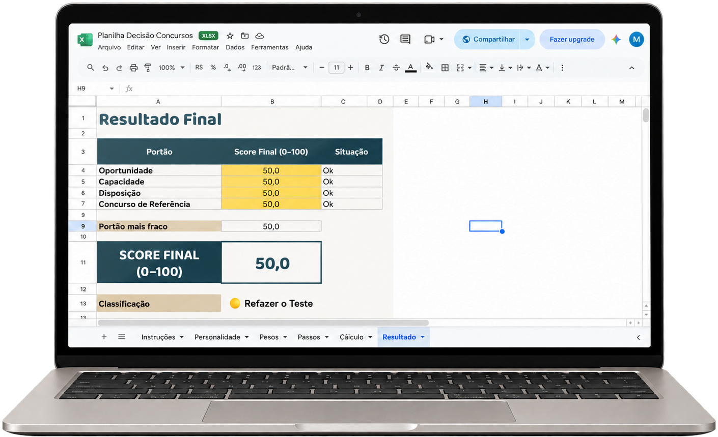 Planilha Automática de Decisão aberta em um notebook, na aba de resultado